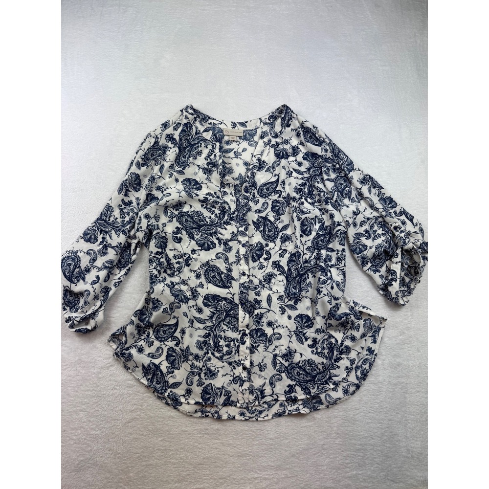 Christopher & Banks Blue White Paisley Button Down Blouse 2X 3/4 Sleeve Top